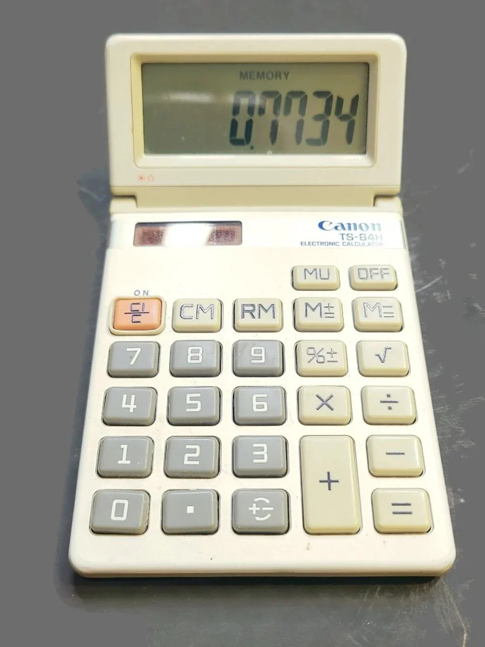 Vintage Canon TS-84H Calculator Tilt Display Solar Powered Beige Tan Gray WORKS
